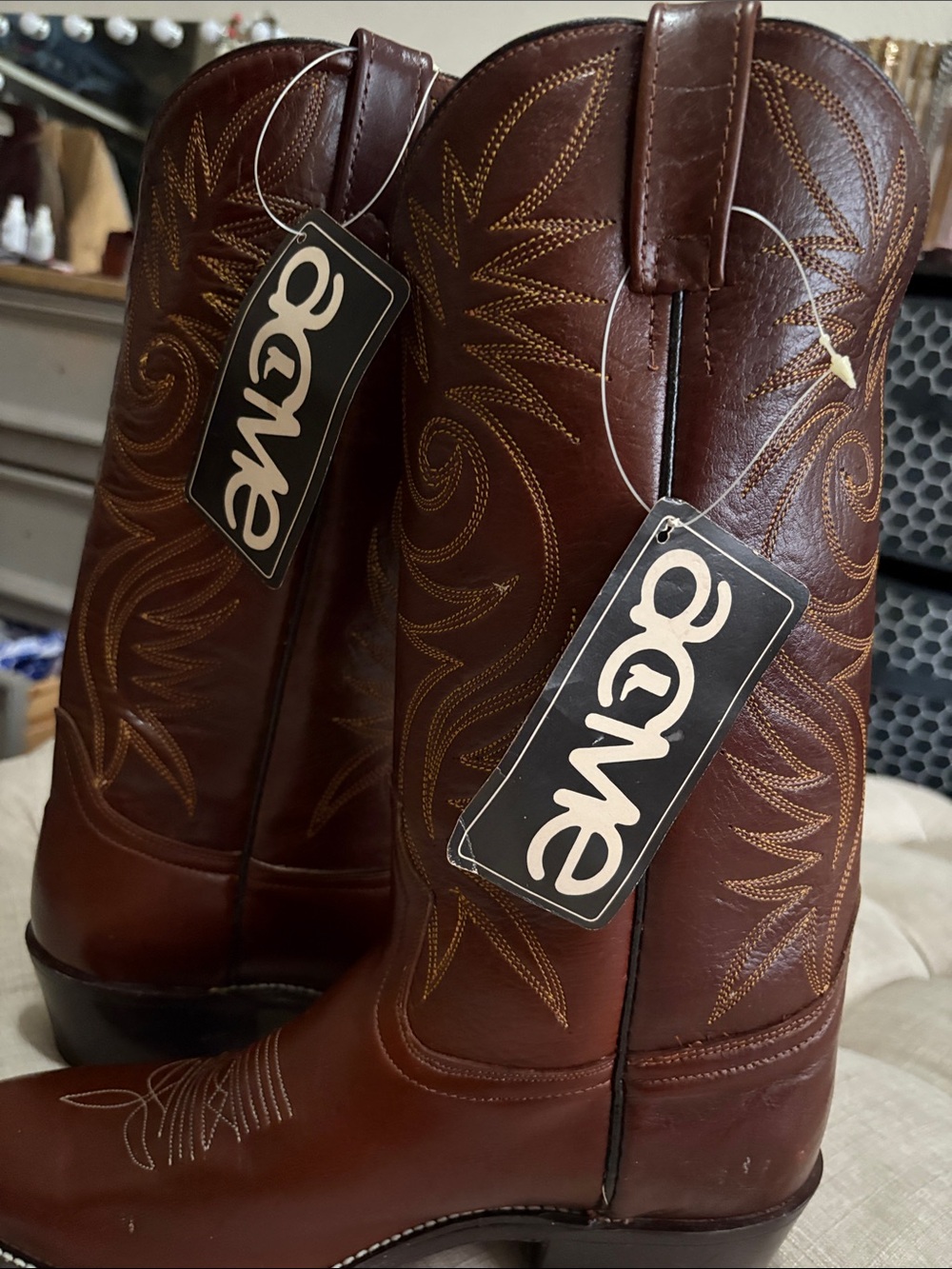 ACME Brown Leather Western Heeled Boots with Stitch Detail - Picture 11 of 11